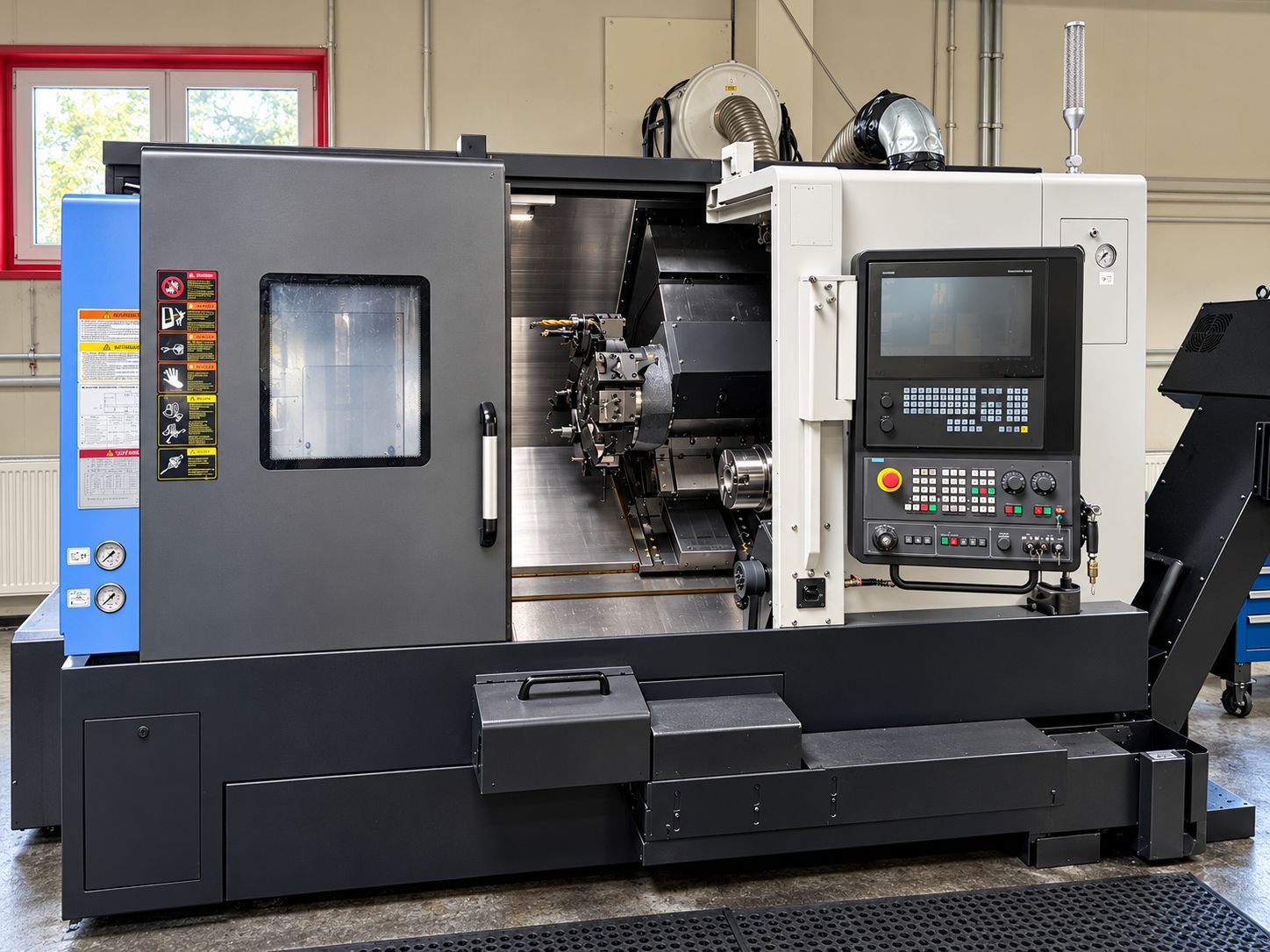 CNC-Drehmaschine mit geöffneter Tür und Werkzeugrevolver